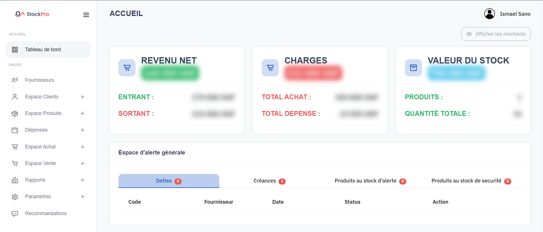 Tableau de bord Stockpro